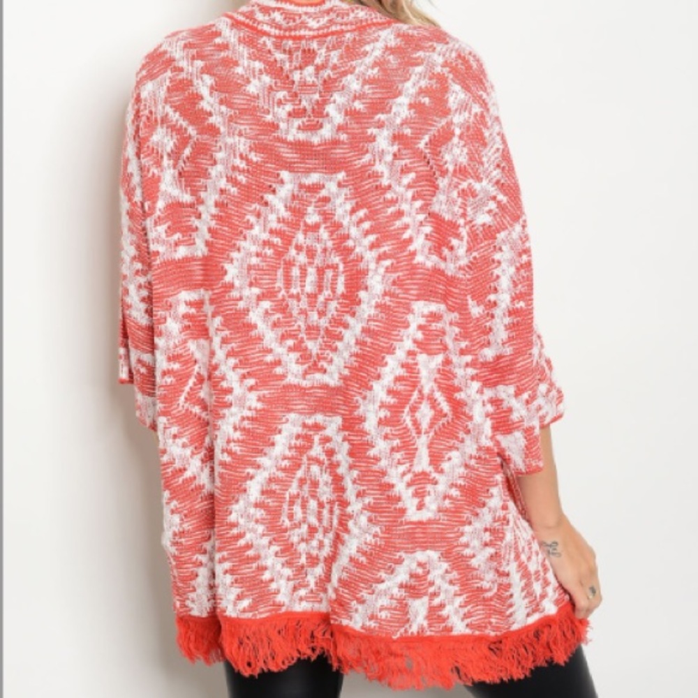 Tribal Print Red Fringe Open Cardigan - Picture 2 of 6